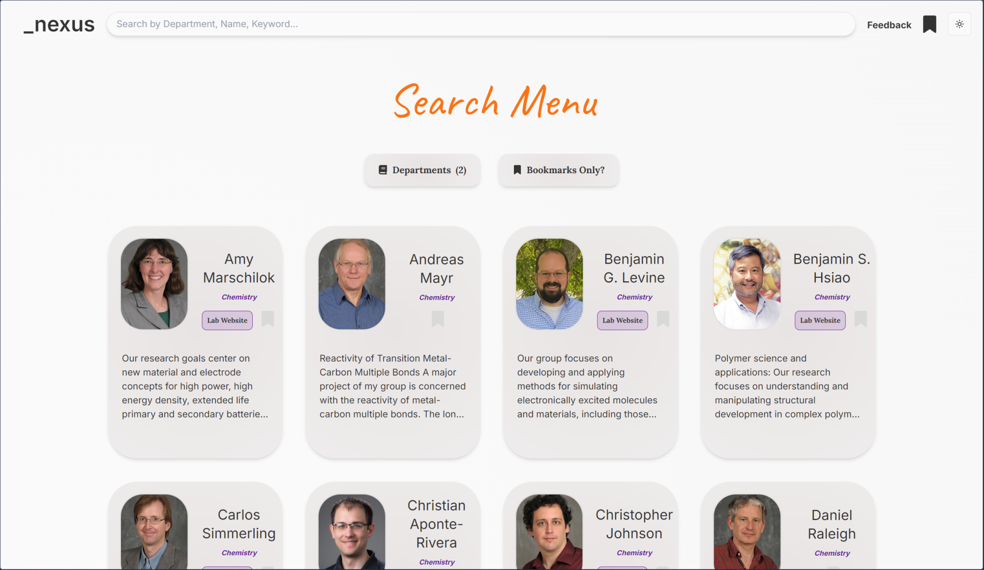 Screenshot of Nexus landing page featuring professor profiles