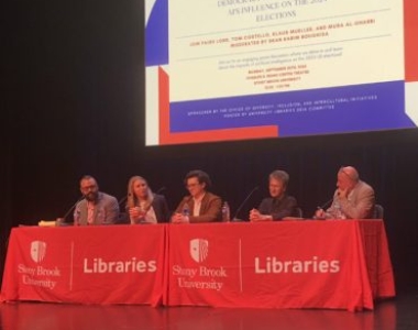 From left: Musa al-Gharbi, Paige Lord, Thomas Costello, Klaus Mueller and Karim Boughida at the “Democracy in the Digital Age: AI’s Influence on the 2024 Elections” event.