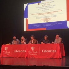 From left: Musa al-Gharbi, Paige Lord, Thomas Costello, Klaus Mueller and Karim Boughida at the “Democracy in the Digital Age: AI’s Influence on the 2024 Elections” event.