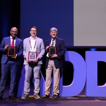 Left to right: Researchers Rami al-Rfou, Bryan Perozzi, and Steven Skiena pose with their awards at the KDD Conference in Barcelona, Spain.